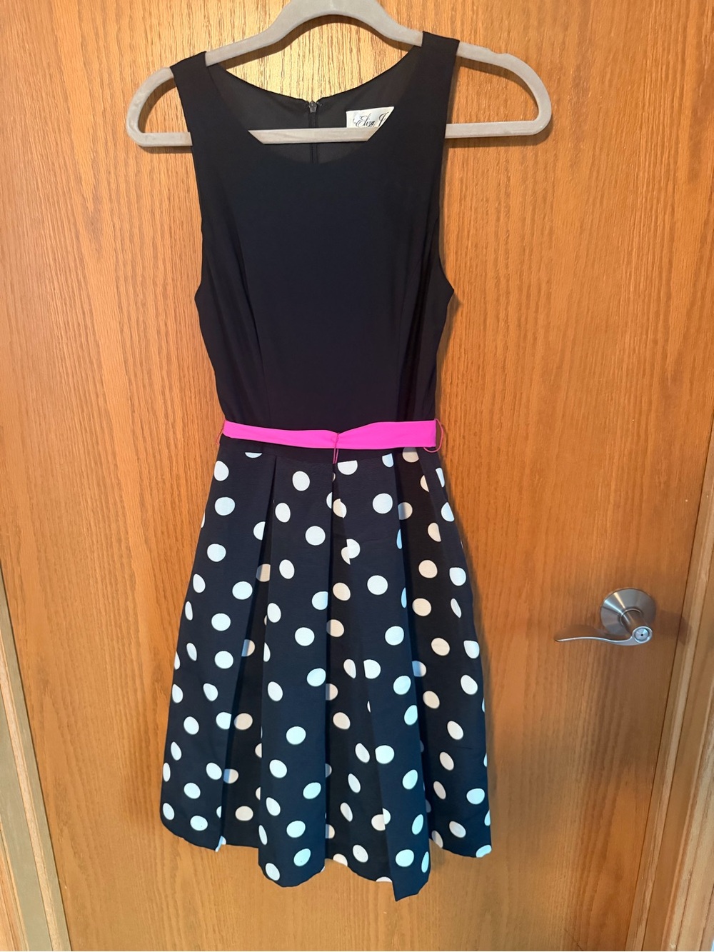 Eliza J Black & White Polka Dot Midi Dress with Pink Waist